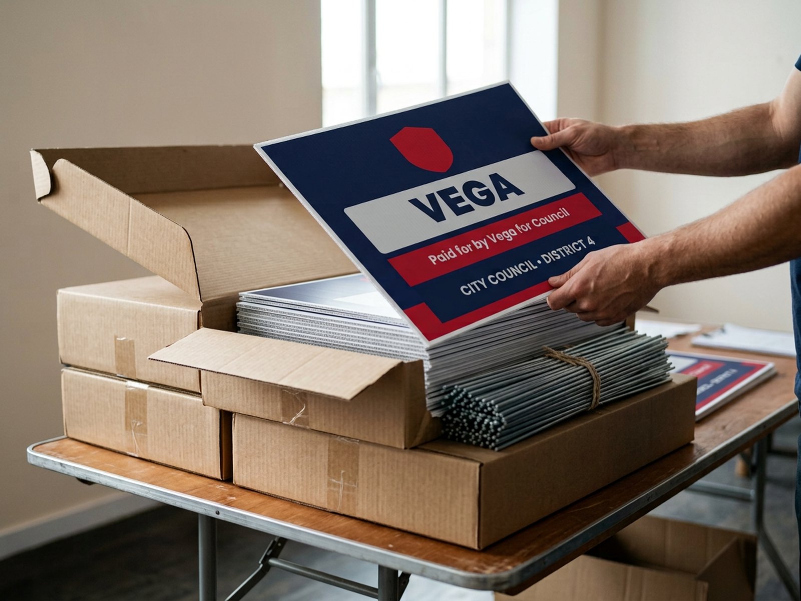 Boxed yard signs and a bundle of metal H stakes on a campaign office table