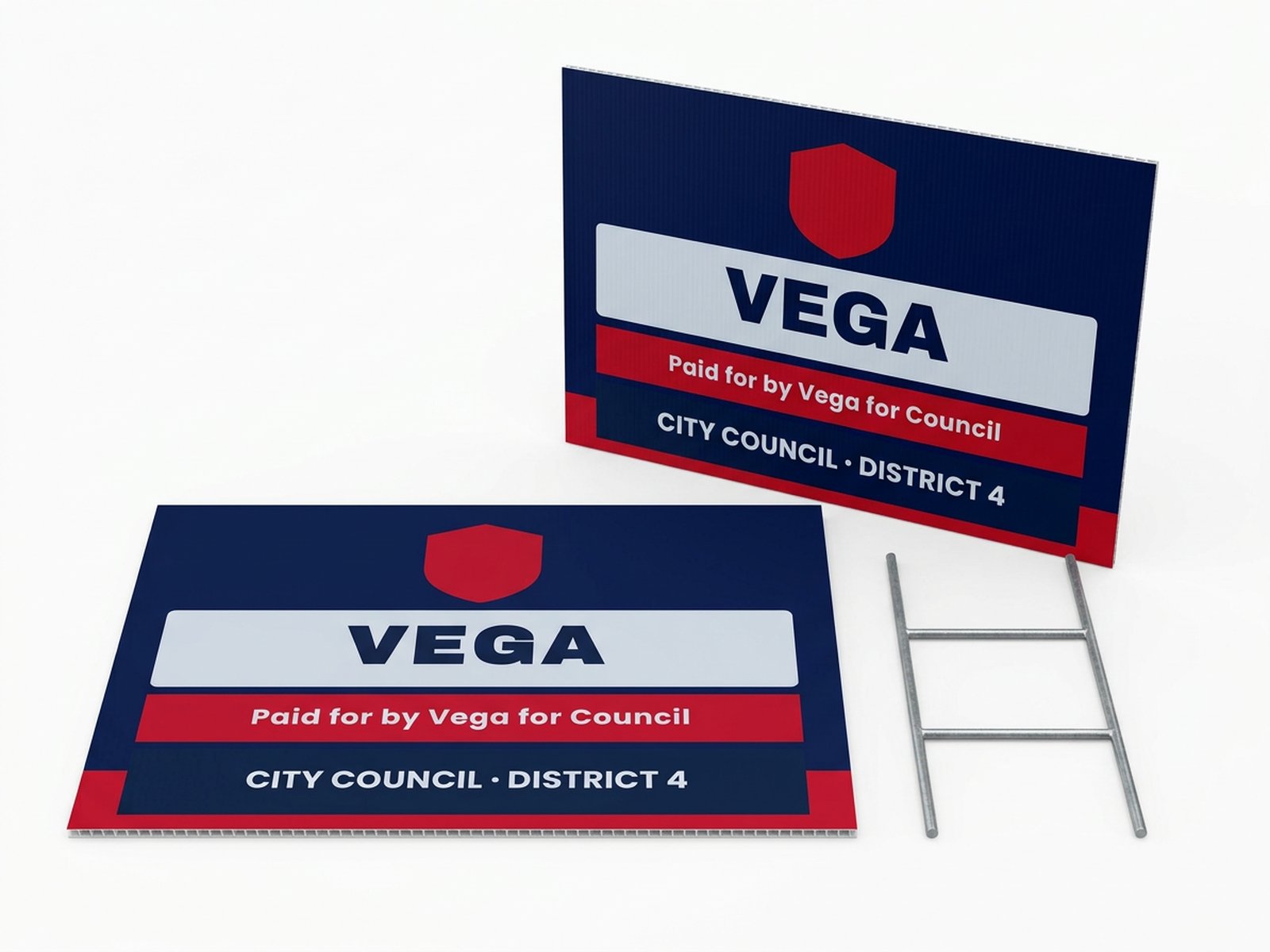 18 x 24 in double sided coroplast yard sign on white with a metal H stake beside it