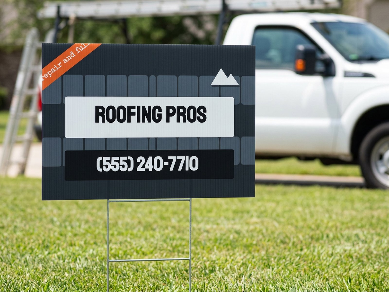 Contractor yard sign on a lawn with a work truck behind it