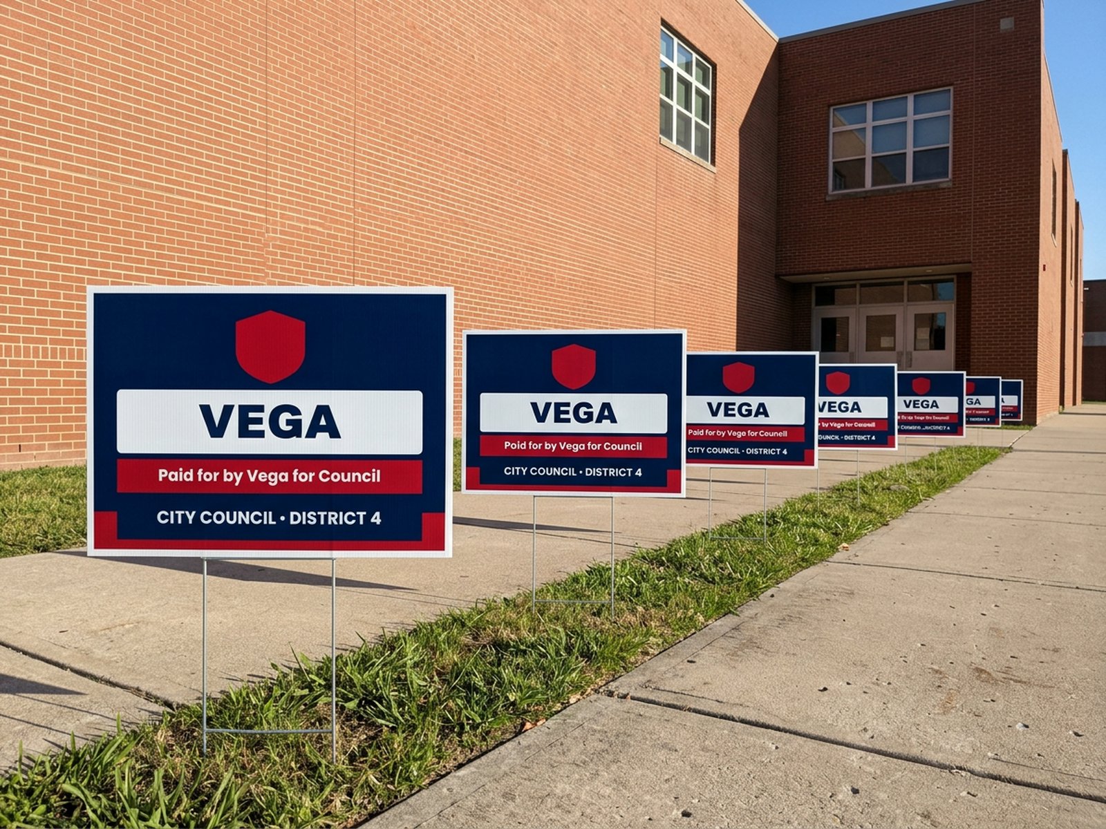 Six identical candidate yard signs staked in a row along a sidewalk