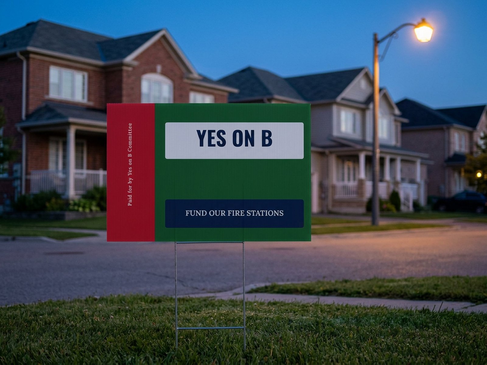 Ballot measure yard sign on a corner lot at dusk
