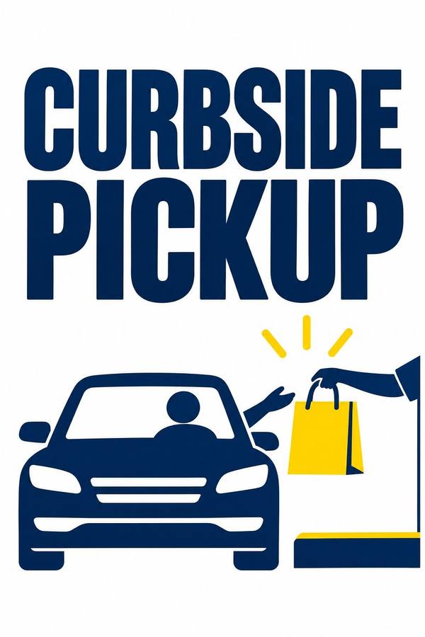 Curbside Pickup and Drive Thru Open sign, illustrated