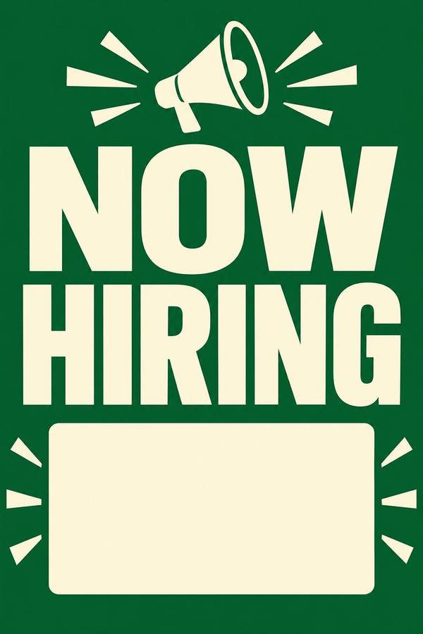 Now Hiring sign, illustrated
