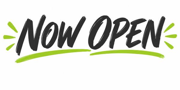 Now Open banner, hand lettered
