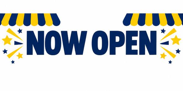 Now Open banner, illustrated
