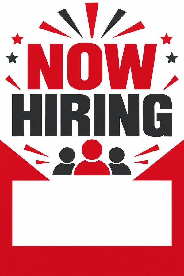 Now Hiring sign, illustrated