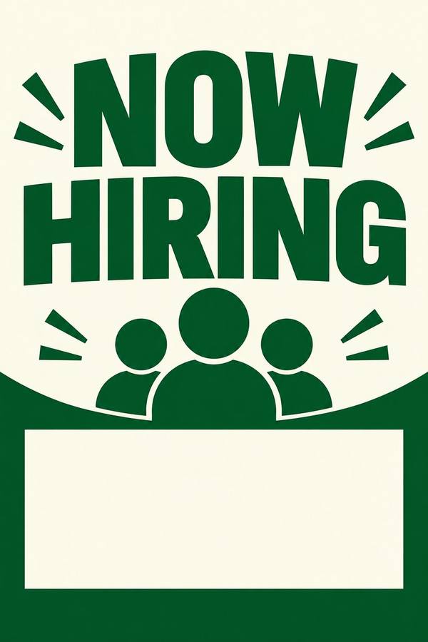 Now Hiring sign, illustrated