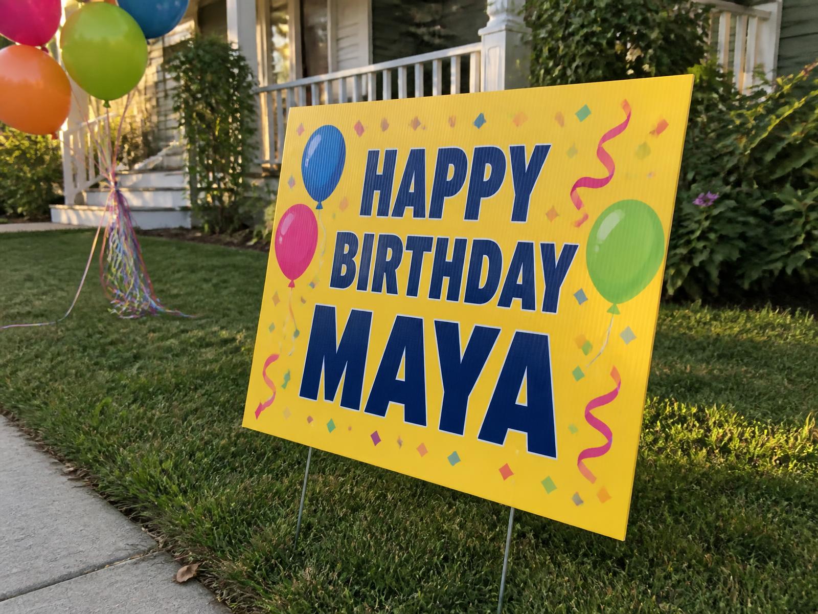 custom happy birthday yard sign on a metal h stake in a front lawn with balloons and streamers
