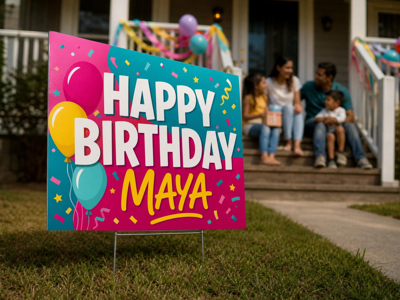 yellow happy birthday yard sign among balloons on a front lawn in late afternoon light