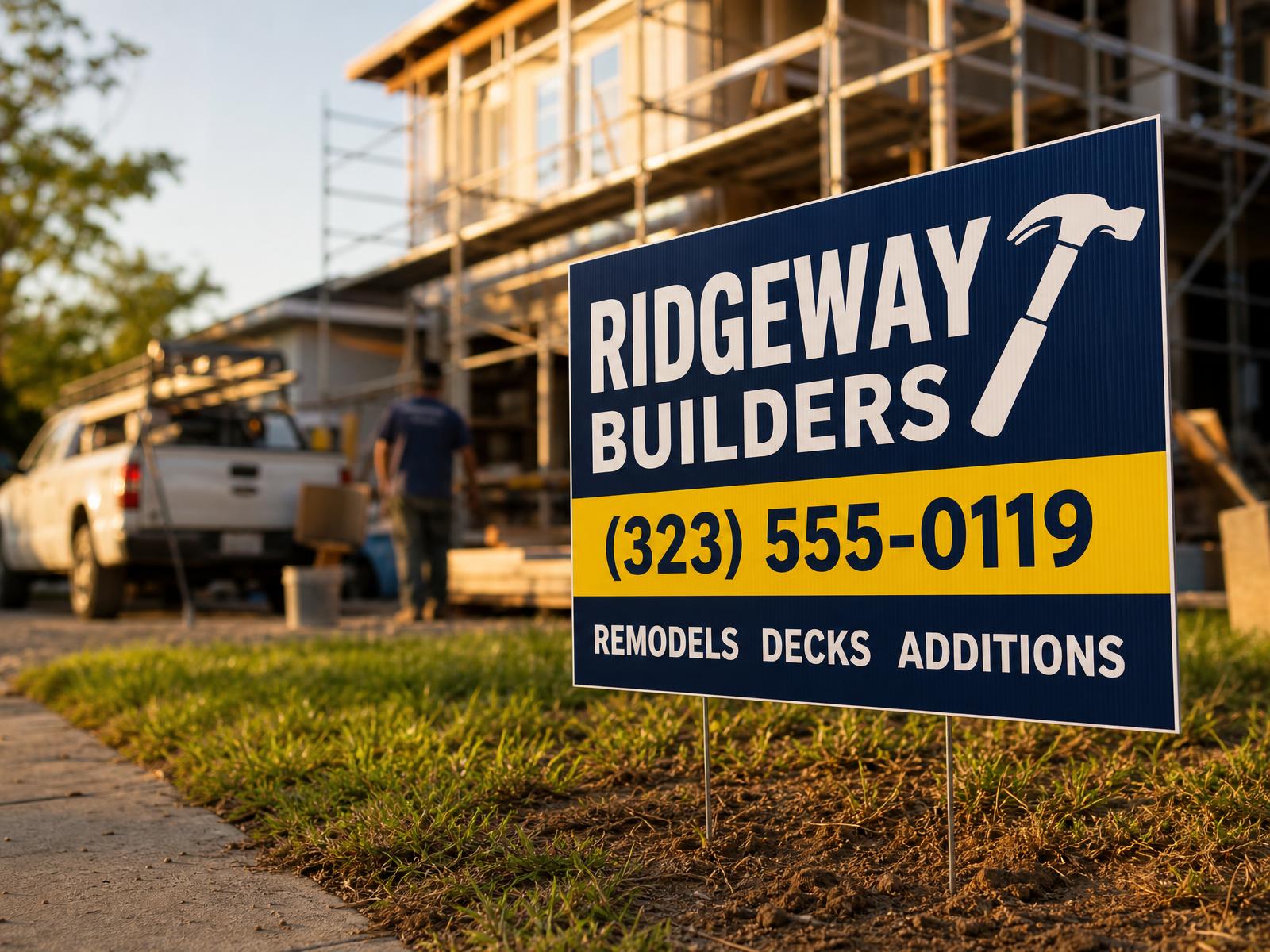 navy contractor job site yard sign staked at the curb of a residential remodel with a ladder and hose in frame