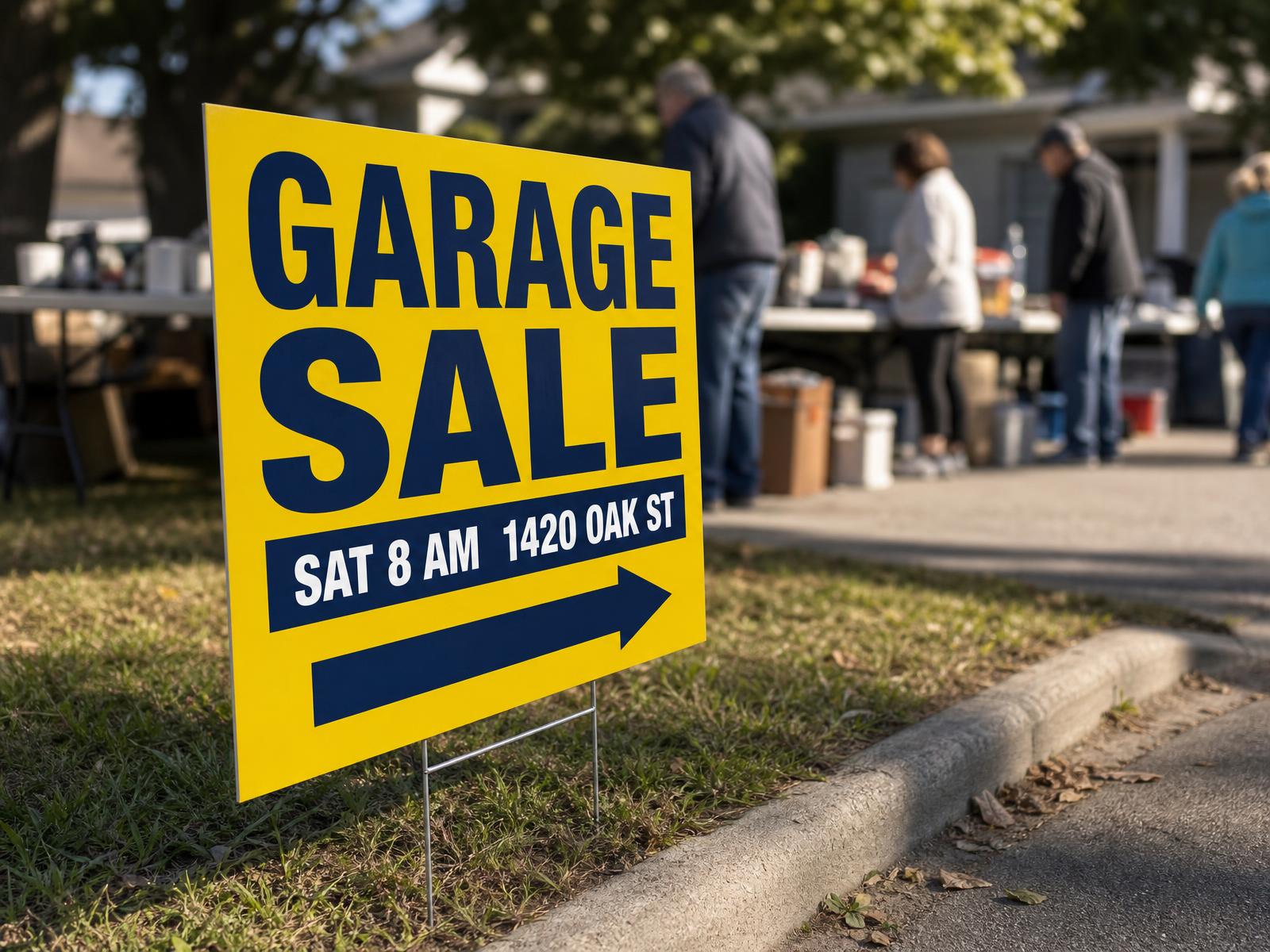 yellow garage sale directional yard sign staked at a residential corner intersection in morning light