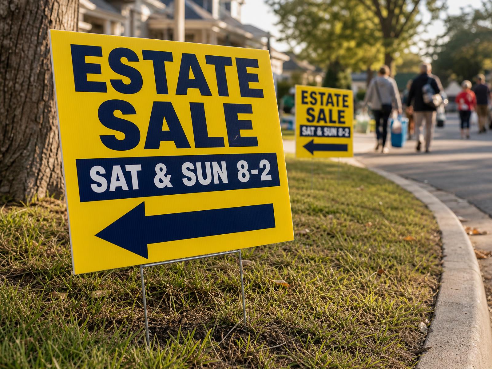 suburban driveway sale with folding tables of household items in early morning light