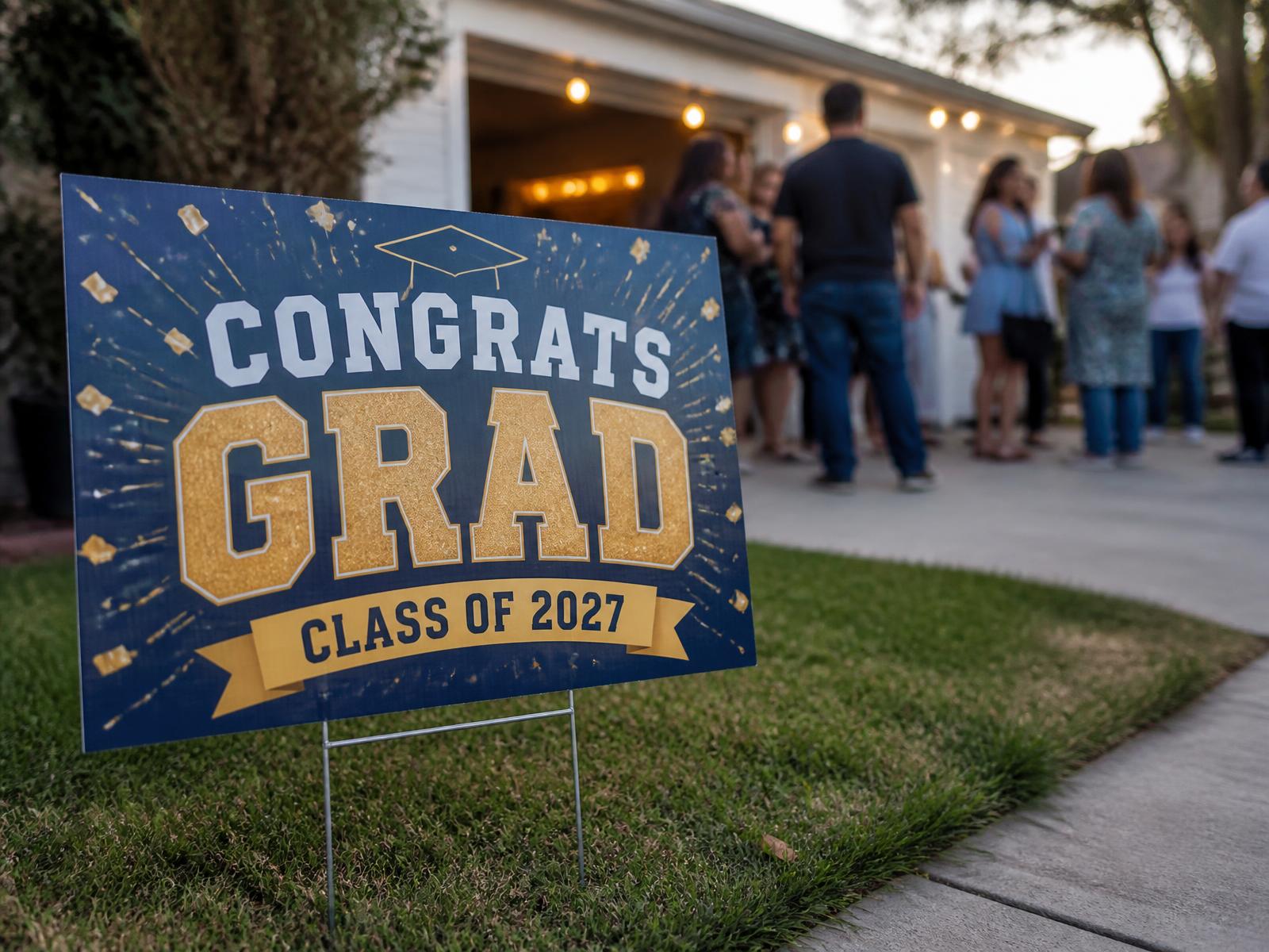 custom congrats grad class of 2027 yard sign on a metal h stake in a lawn with a family gathering behind