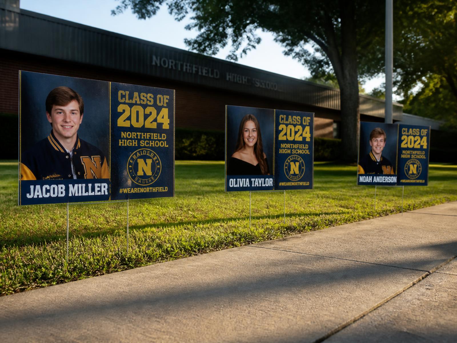 graduation yard sign in school colors staked in a front lawn in soft evening light