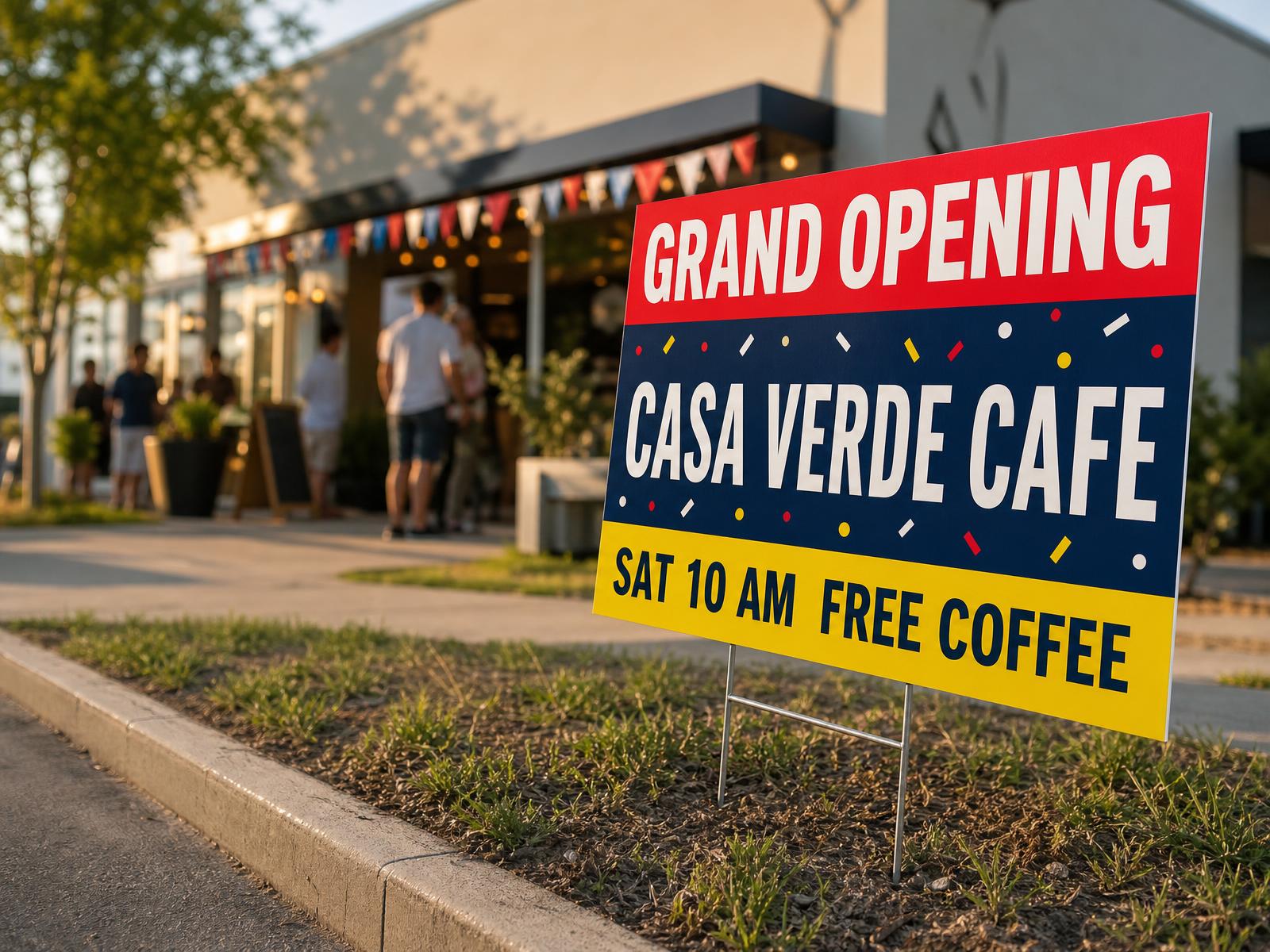 navy grand opening yard sign at the curb of a small shop with balloons in early morning light