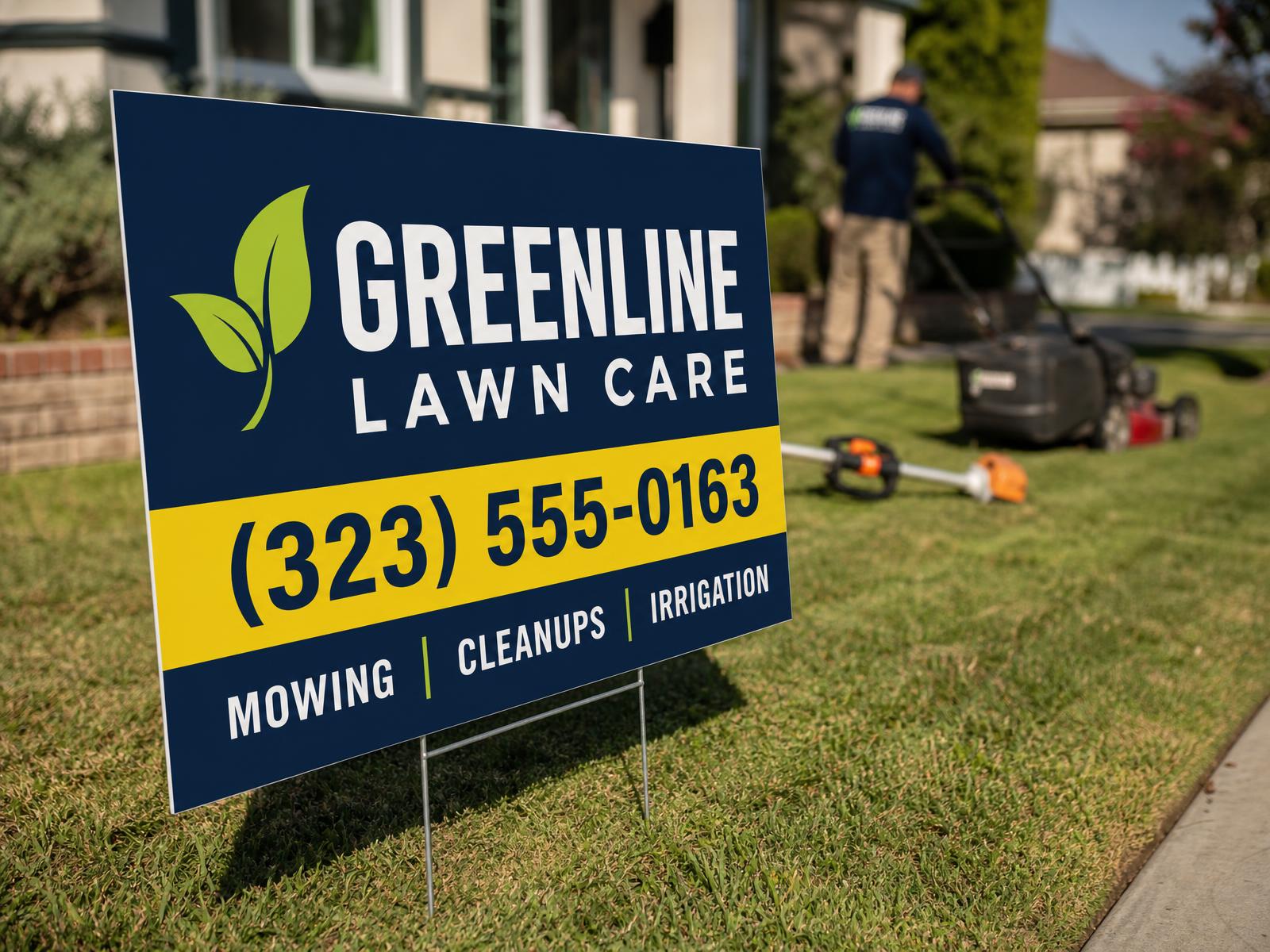 navy lawn care yard sign at a flower bed edge on a freshly striped lawn with a wheelbarrow in the background