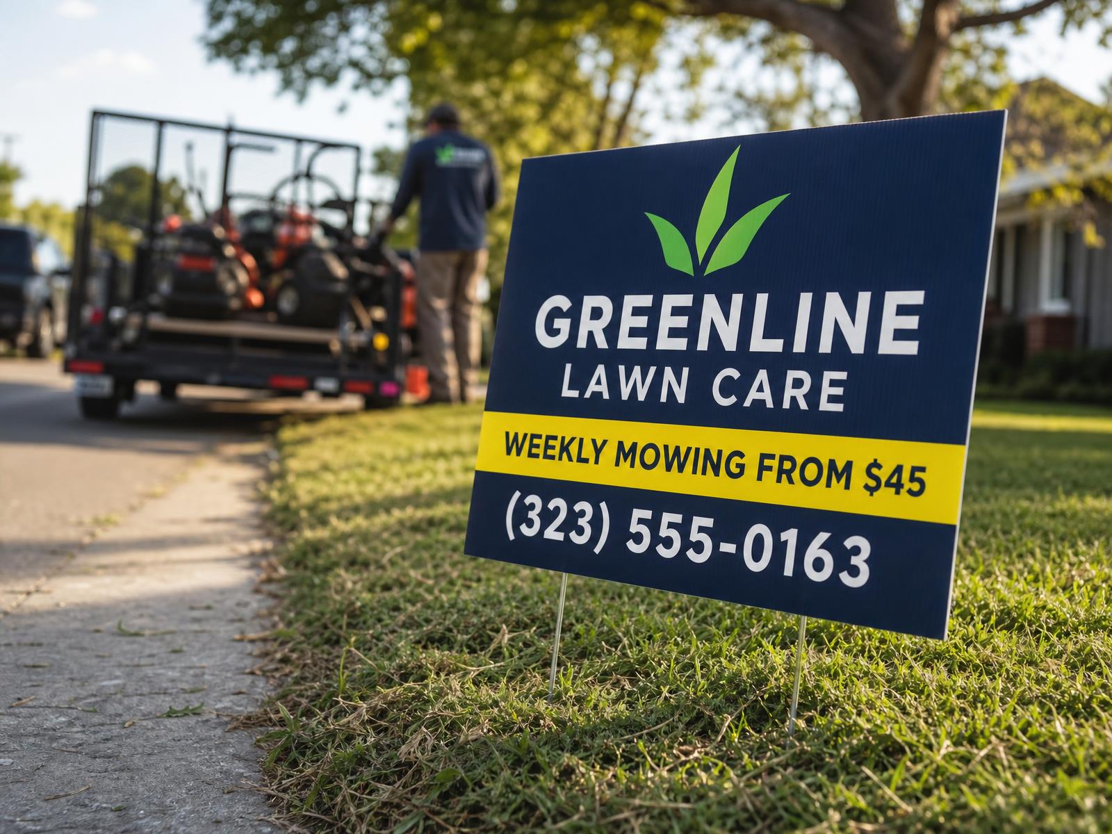 commercial mower cutting clean stripes across a green residential lawn at golden hour
