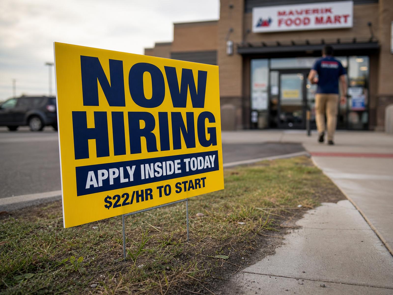 yellow now hiring yard sign staked in a storefront entrance planter on a small town sidewalk
