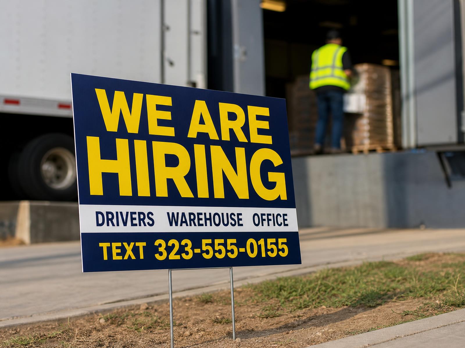 close up of a yellow and navy now hiring coroplast sign in a concrete sidewalk planter