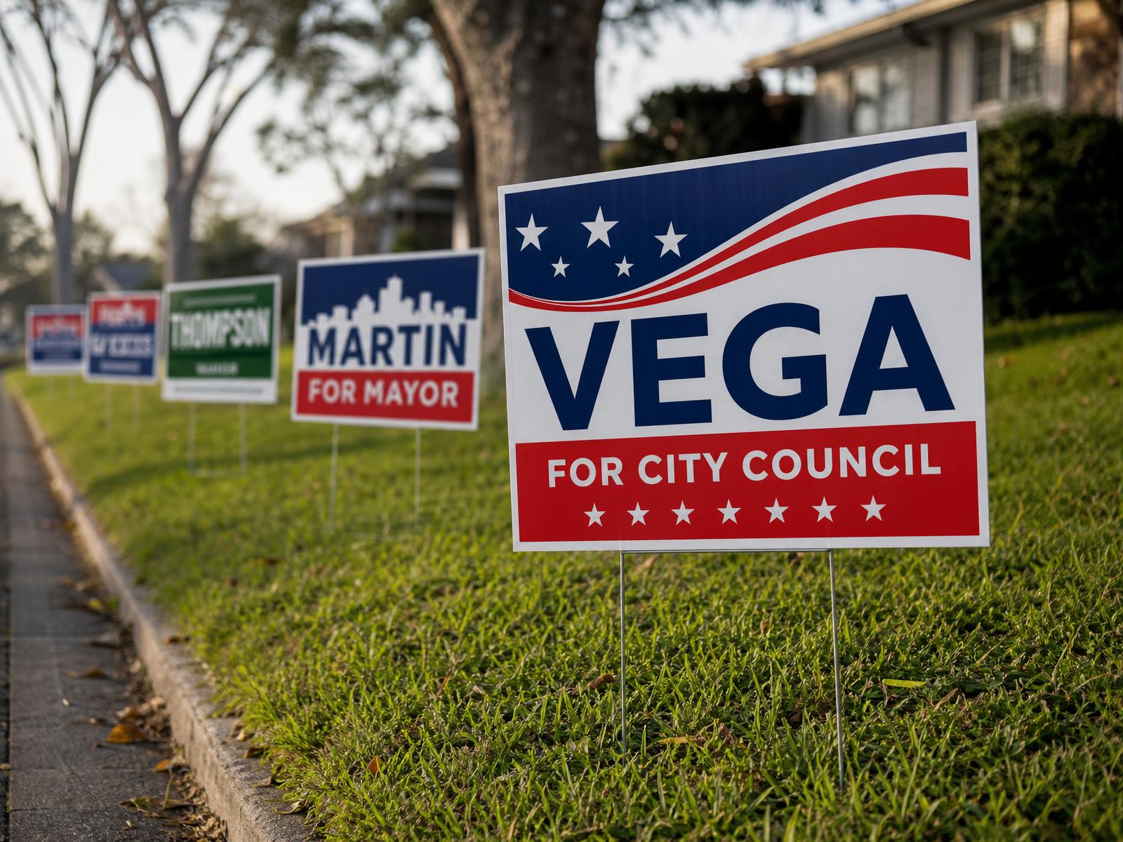 cluster of custom campaign yard signs on a residential street corner in overcast light
