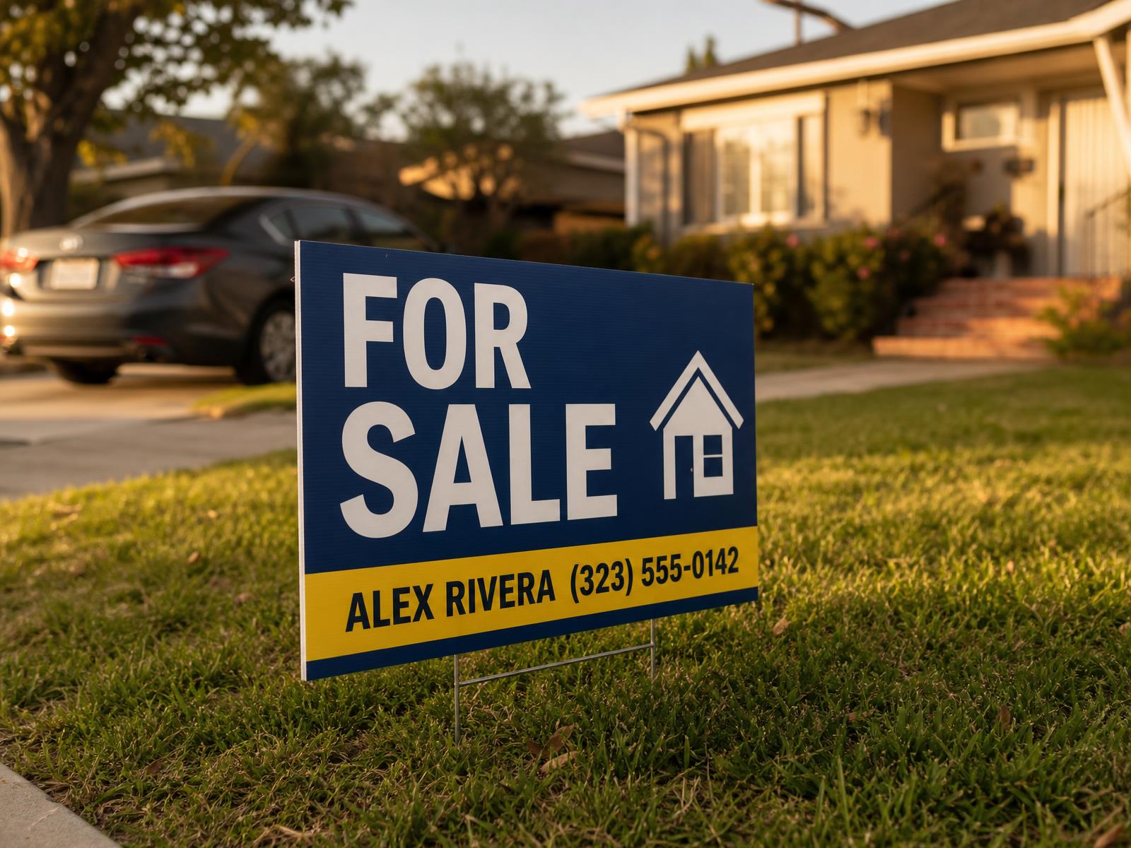 custom navy For Sale yard sign on a metal h stake in a suburban front lawn at golden hour