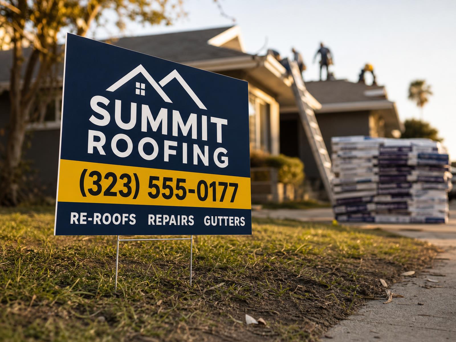 navy roofing company yard sign staked by a driveway at a house with fresh shingles and a ladder against the eave