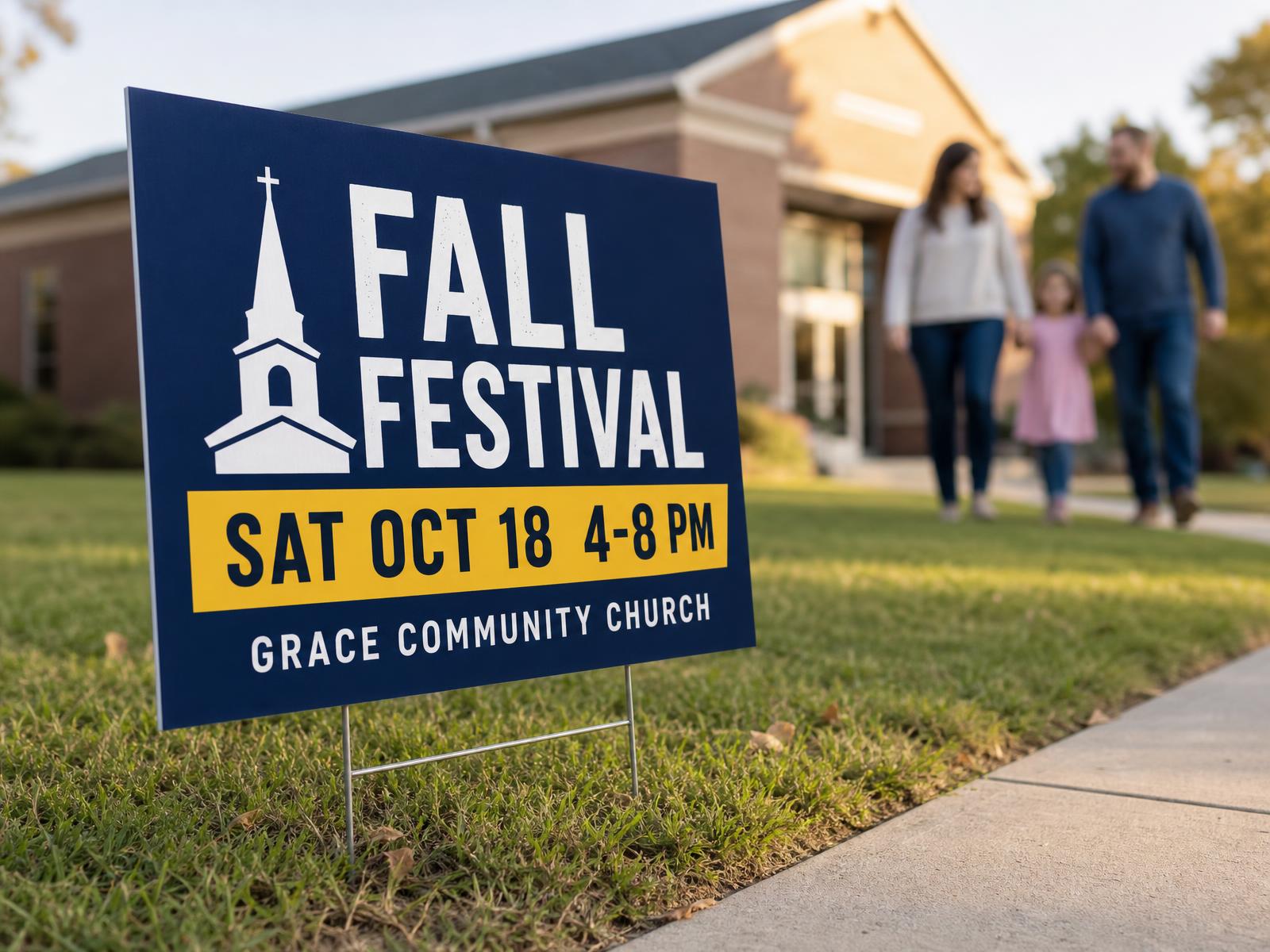 navy fall festival yard sign on a community church and school lawn with soft focus figures behind