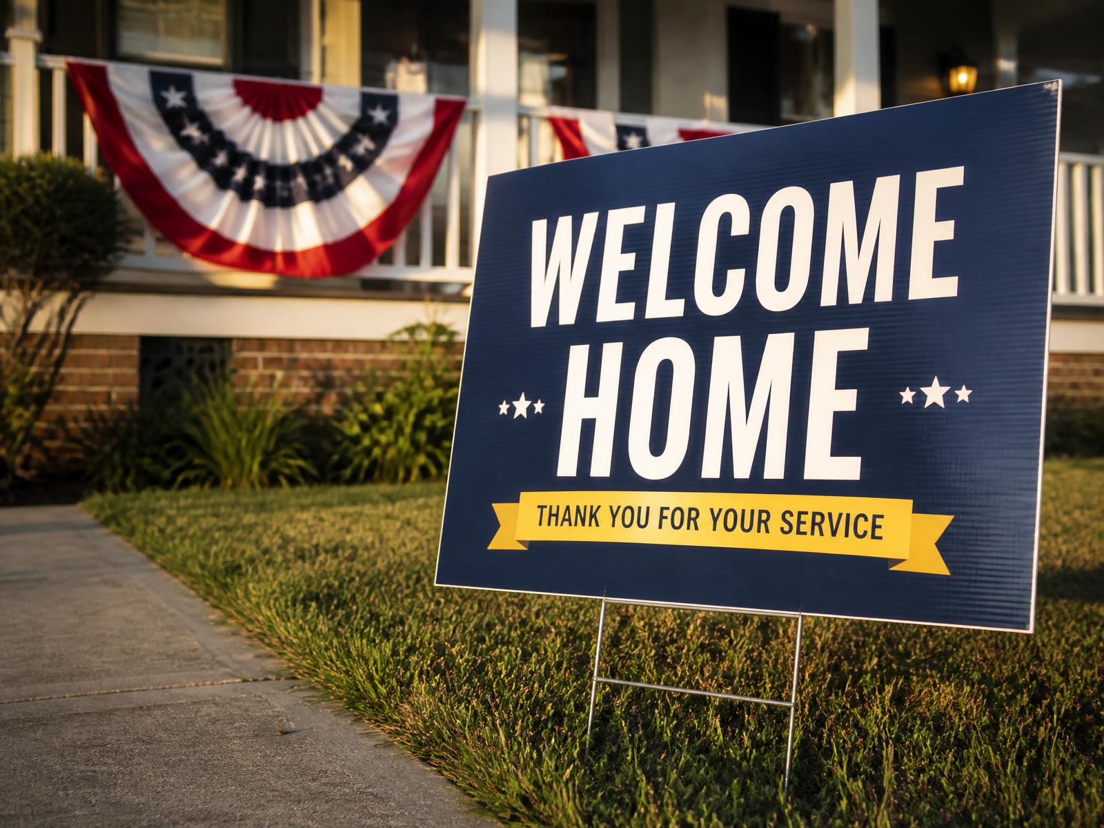 custom welcome home yard sign on a metal h stake in front of a porch rail with bunting in warm evening light