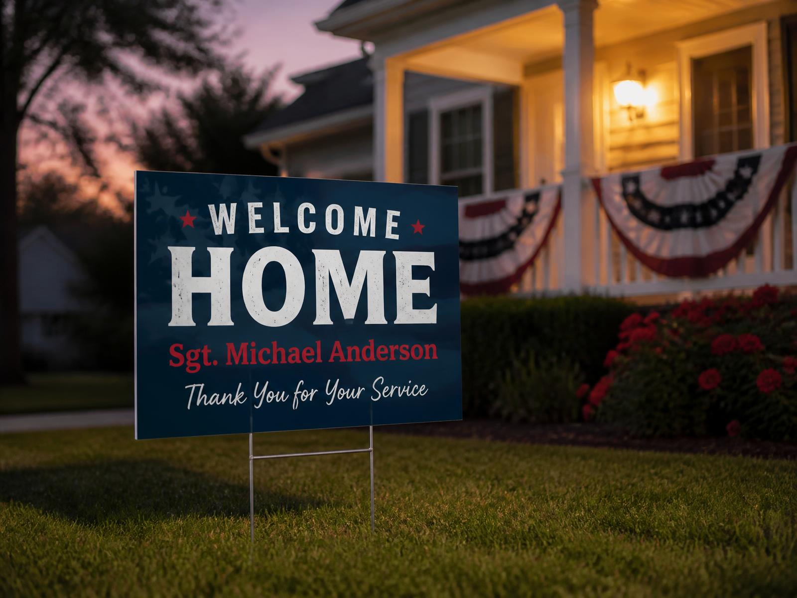 welcome home yard sign staked in a front lawn beside a decorated porch at dusk