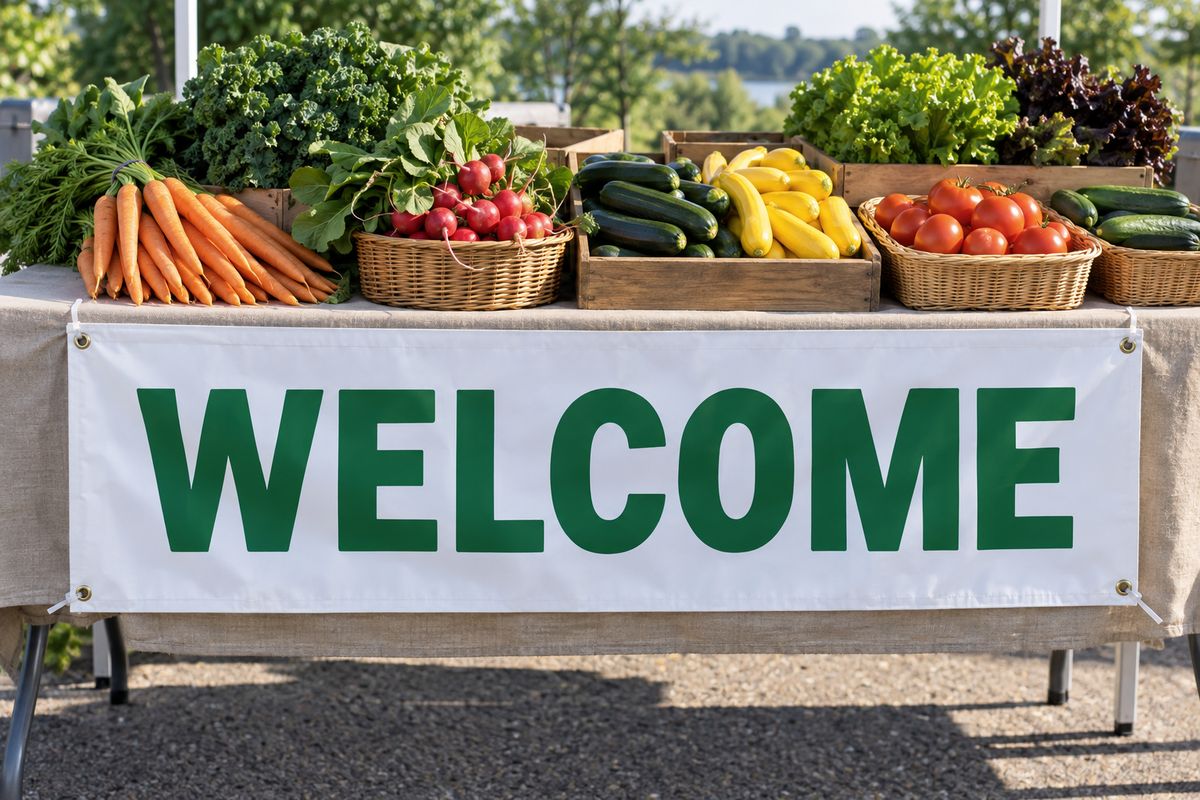 A Welcome vinyl banner on the front of a market table.