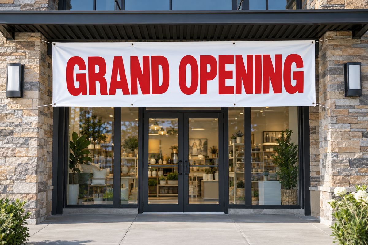 A Grand Opening vinyl banner on a storefront.