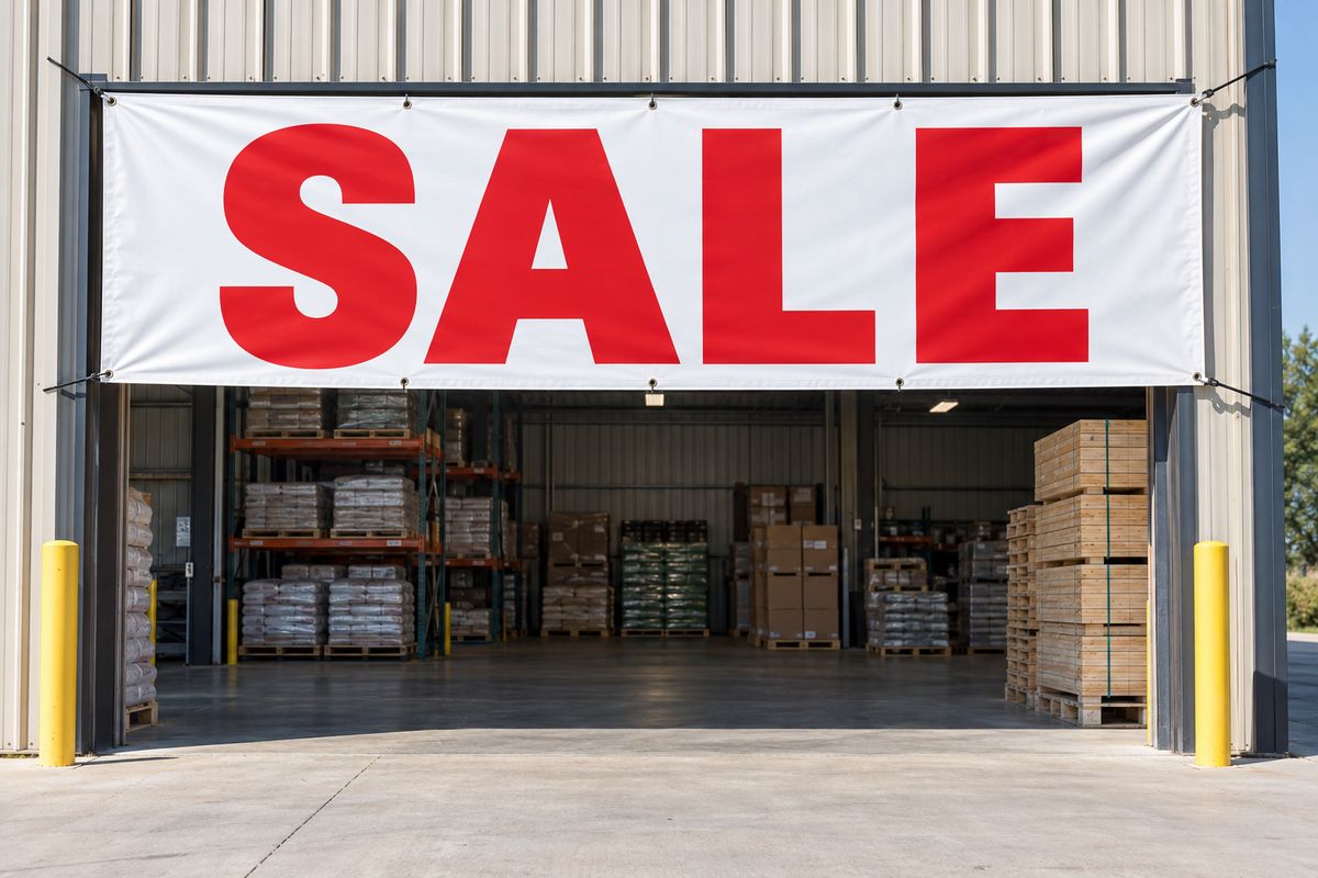 A wide SALE vinyl banner across a warehouse front.