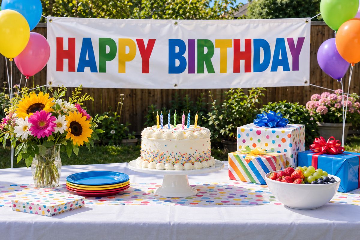A Happy Birthday vinyl banner over a backyard party table.