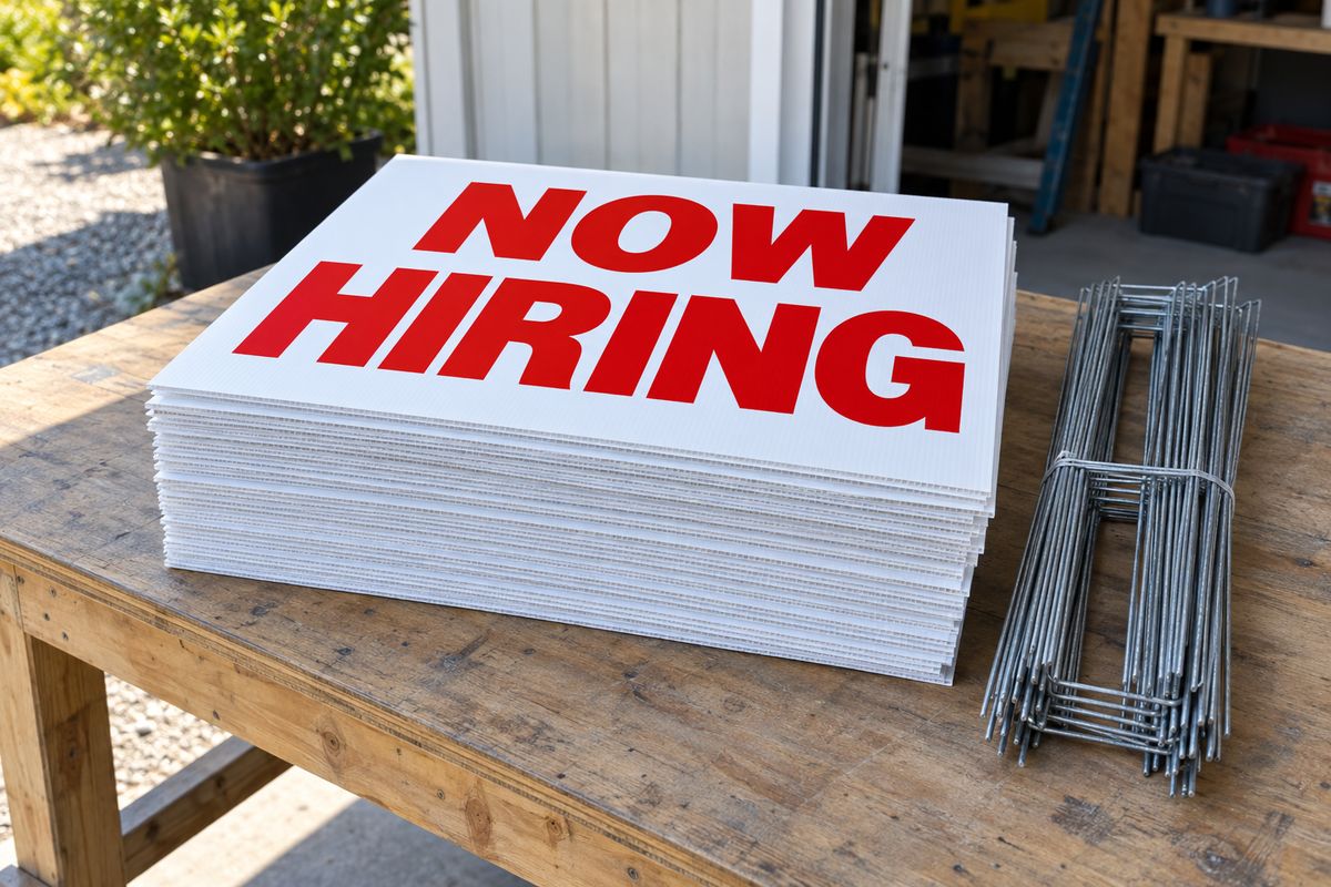 A stack of Now Hiring yard signs and a bundle of H stakes on a workshop table.