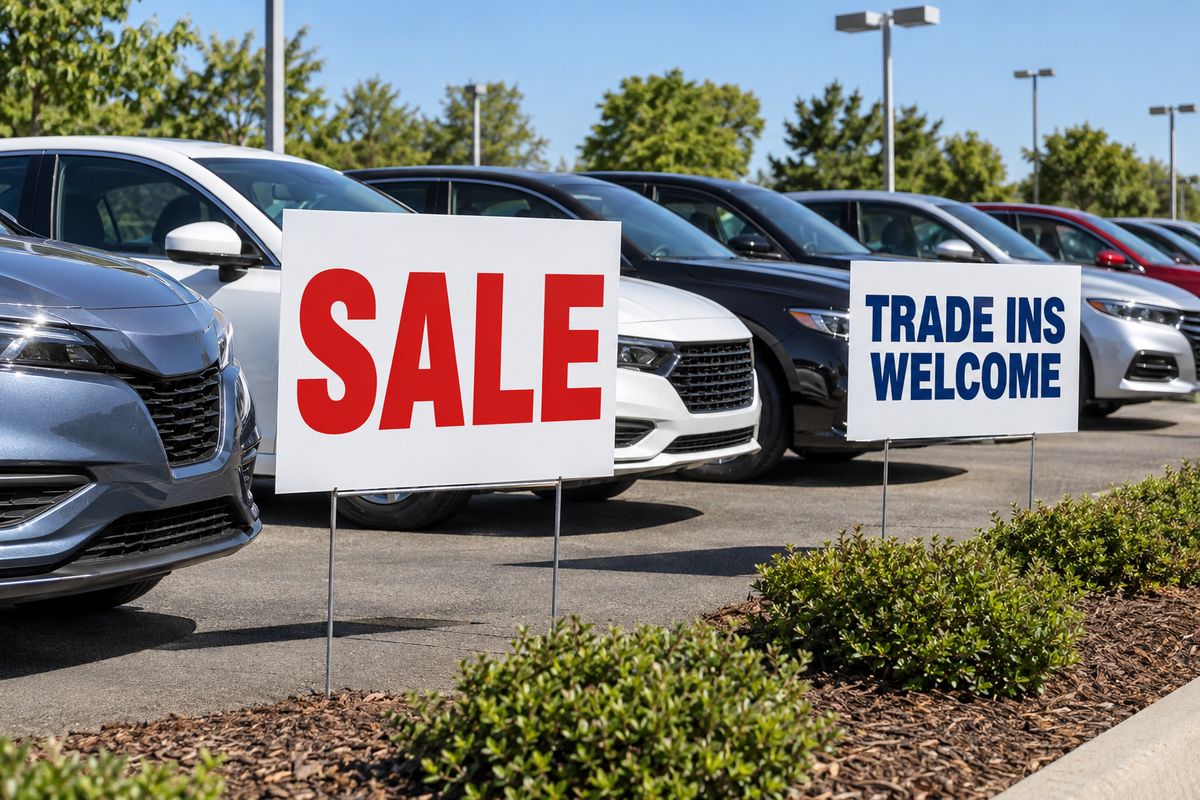 SALE and Trade Ins Welcome yard signs between cars on a dealership lot.