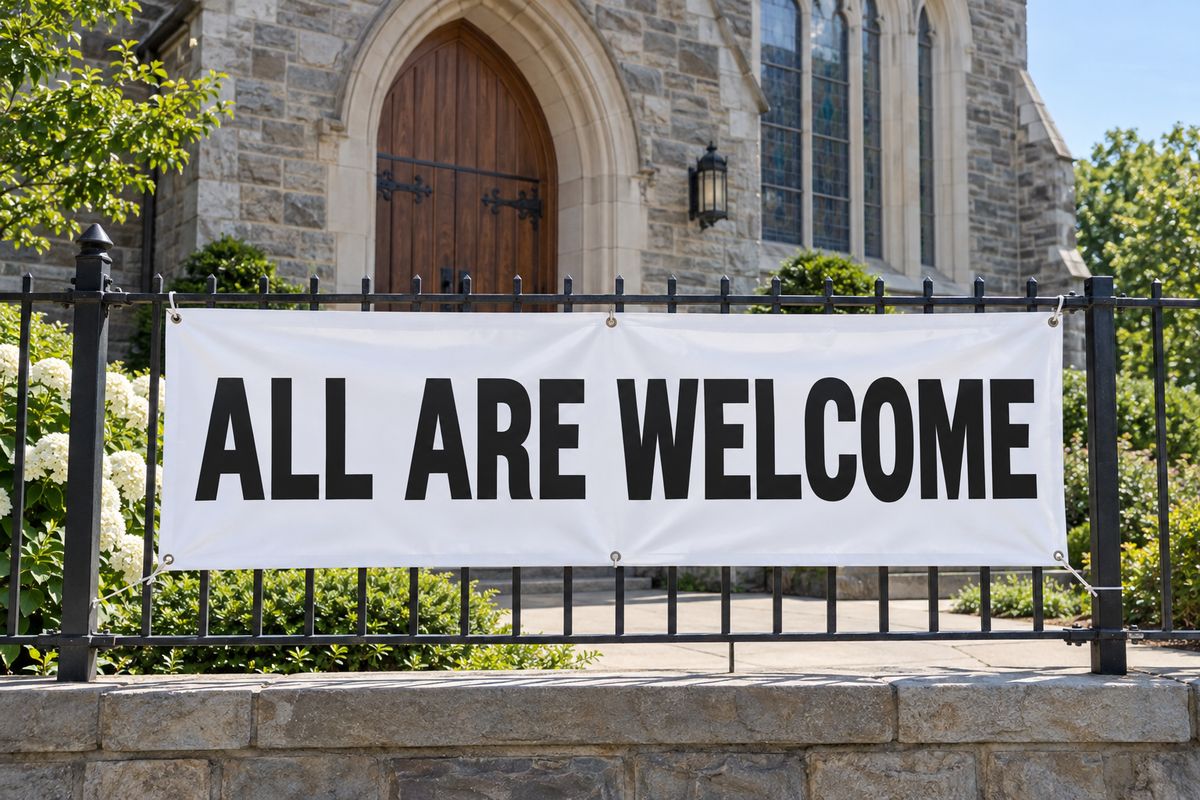An All Are Welcome vinyl banner on a church exterior.