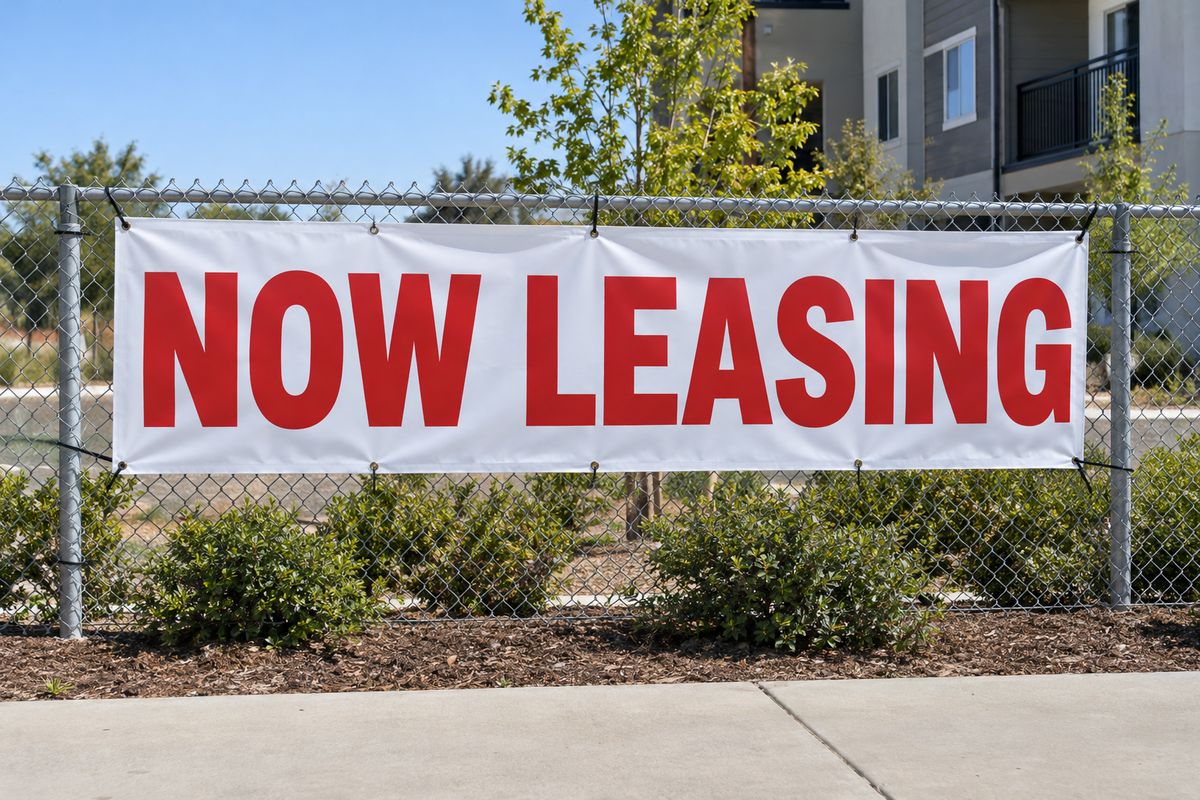 A Now Leasing vinyl banner zip tied to a chain link fence.