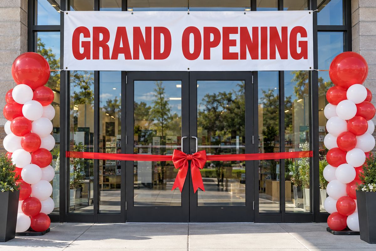 A Grand Opening vinyl banner on a storefront with ribbon and balloons.