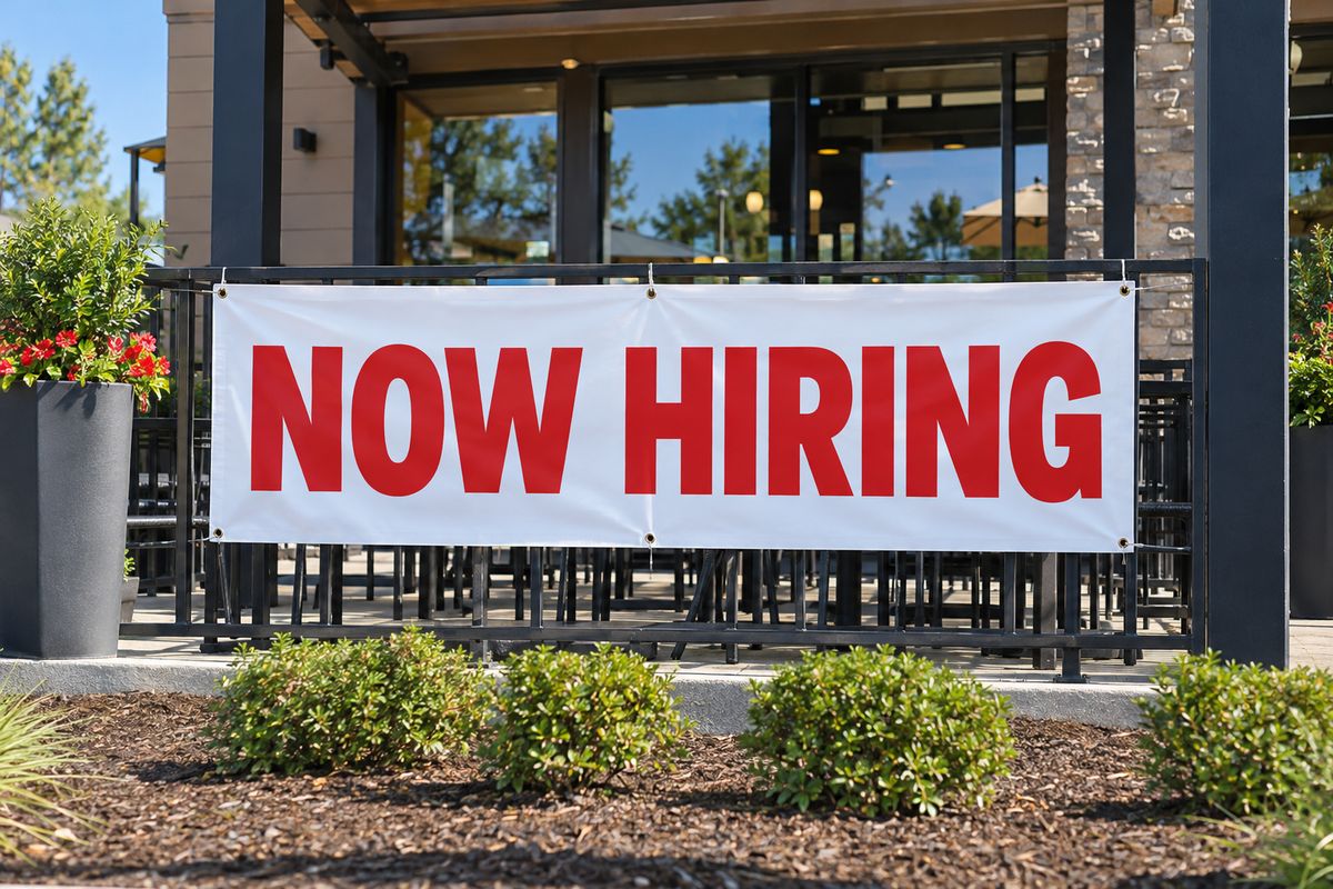 A Now Hiring vinyl banner on a restaurant front.