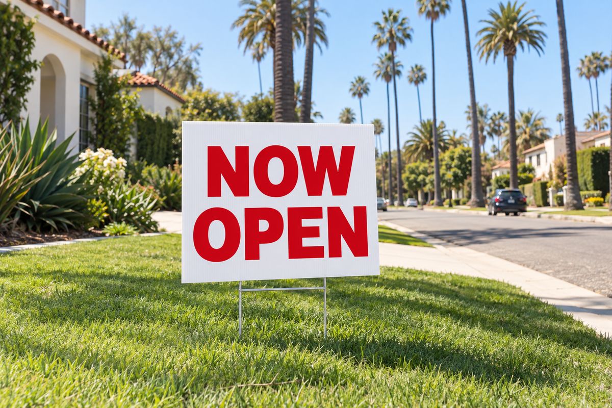 A Now Open yard sign on a sunny palm lined street.