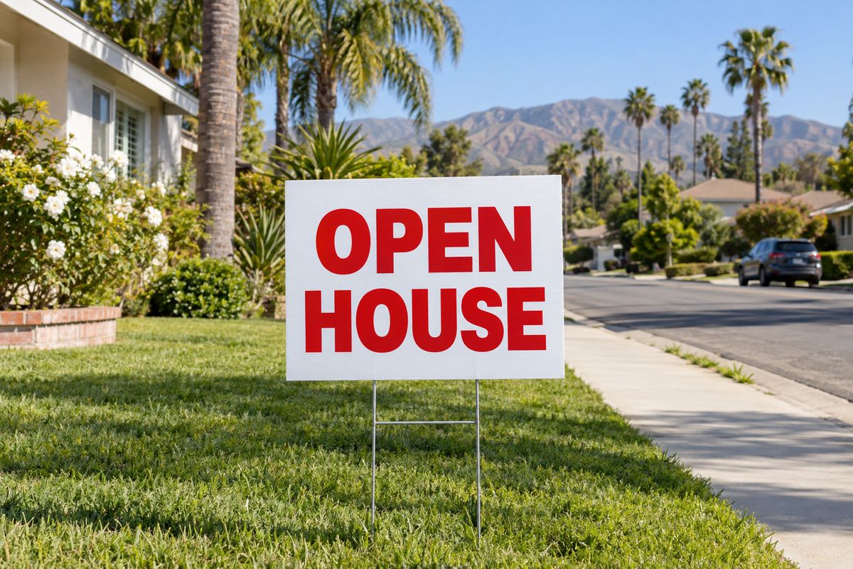 An Open House yard sign on a Valley street with palms and hills.
