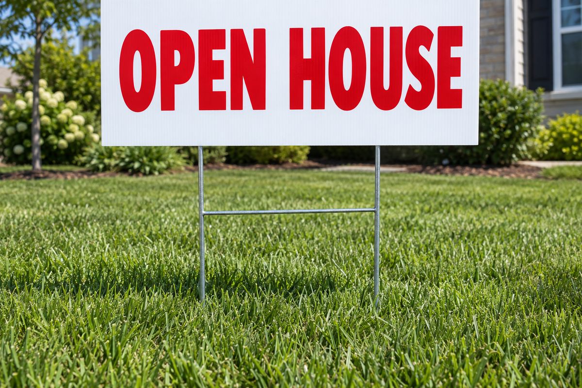 A close view of an H stake under an Open House yard sign.