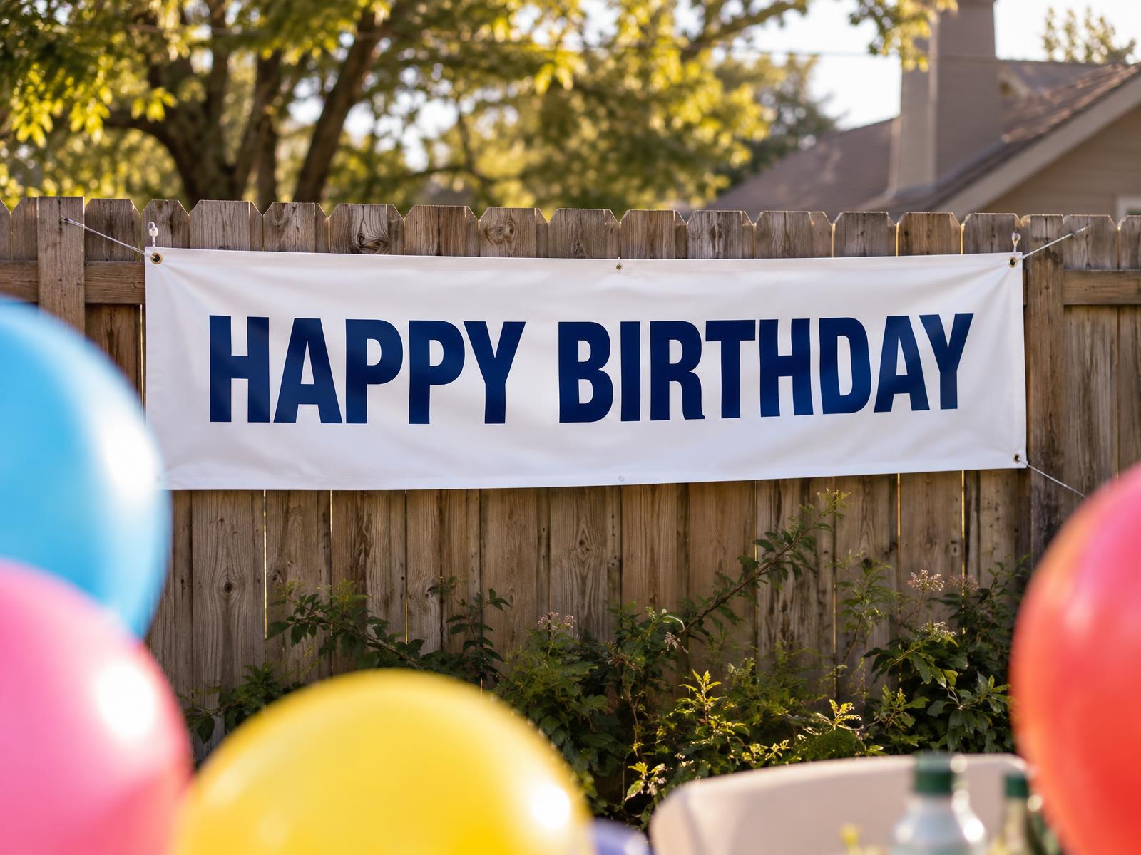 2 x 6 ft Happy Birthday vinyl banner on a backyard wood fence with balloons behind it