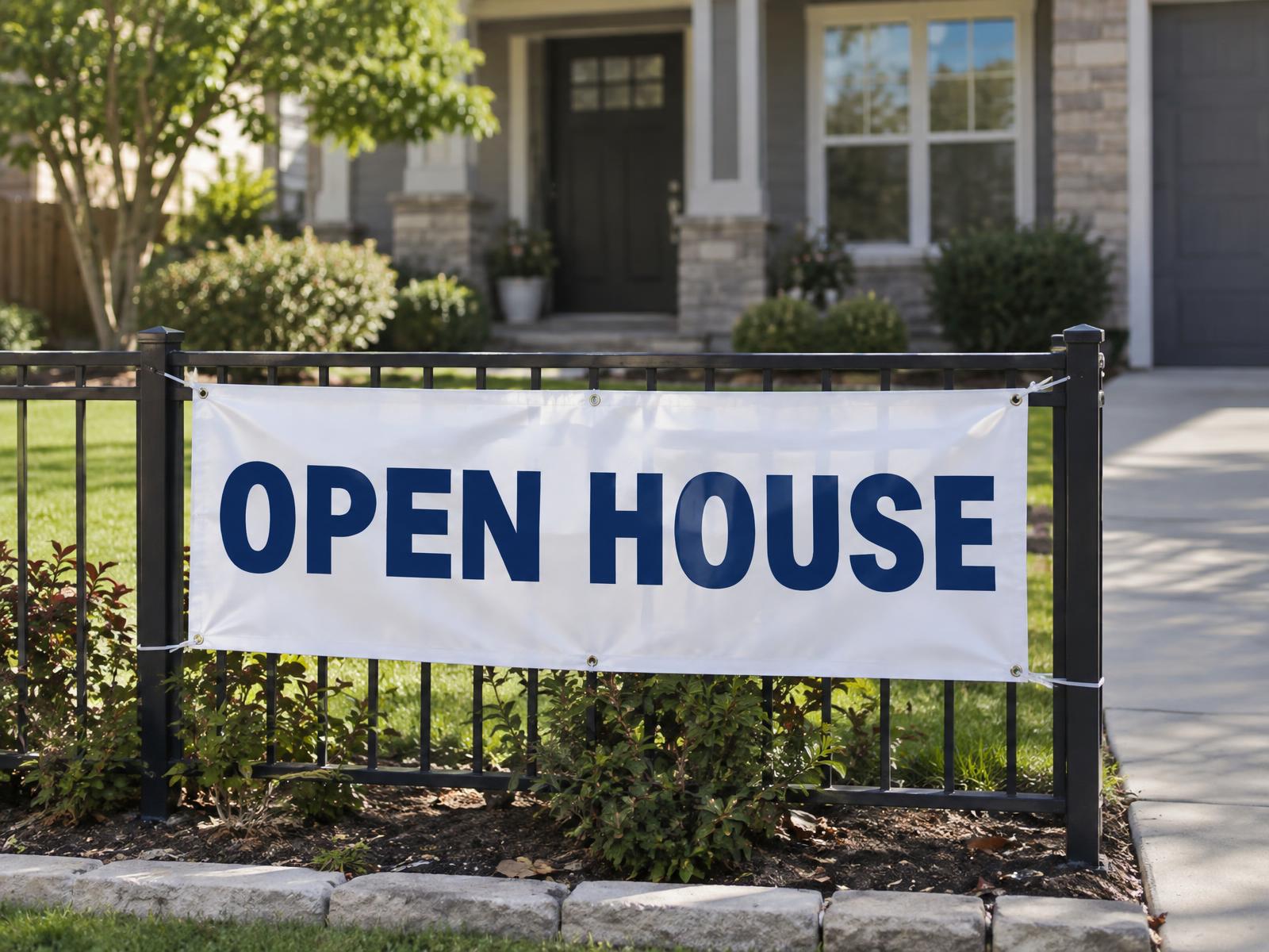 2 x 4 ft Open House vinyl banner on a front yard fence beside a driveway