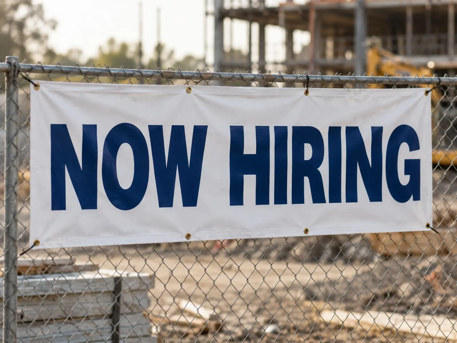 4 x 8 ft Now Hiring vinyl banner zip tied to a chain link fence at a construction site