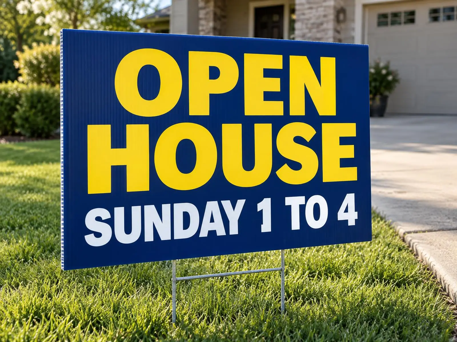 18 x 24 in double sided coroplast yard sign on a metal H-stake in a front lawn, navy with yellow OPEN HOUSE and a white SUNDAY 1 TO 4 line