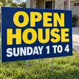 18 x 24 in double sided coroplast yard sign on a metal H-stake in a front lawn, navy with yellow OPEN HOUSE and a white SUNDAY 1 TO 4 line