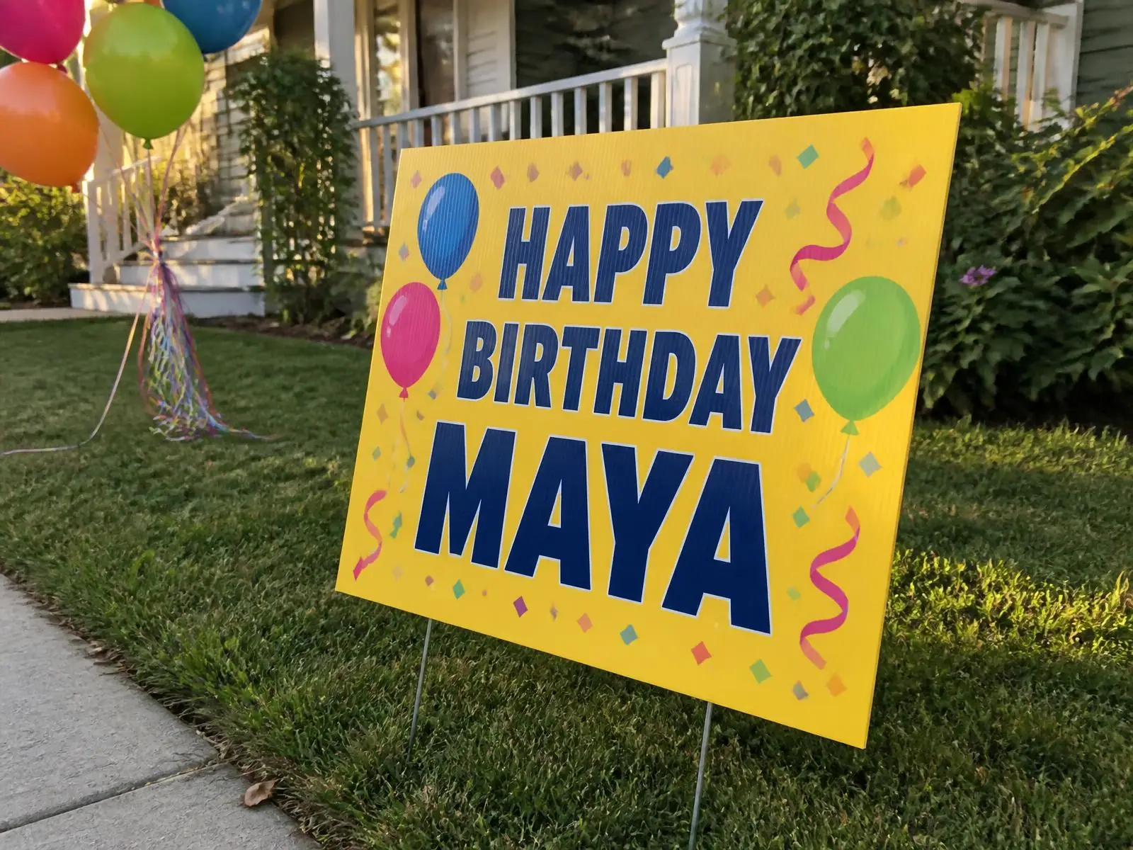 custom happy birthday yard sign on a metal h stake in a front lawn with balloons and streamers