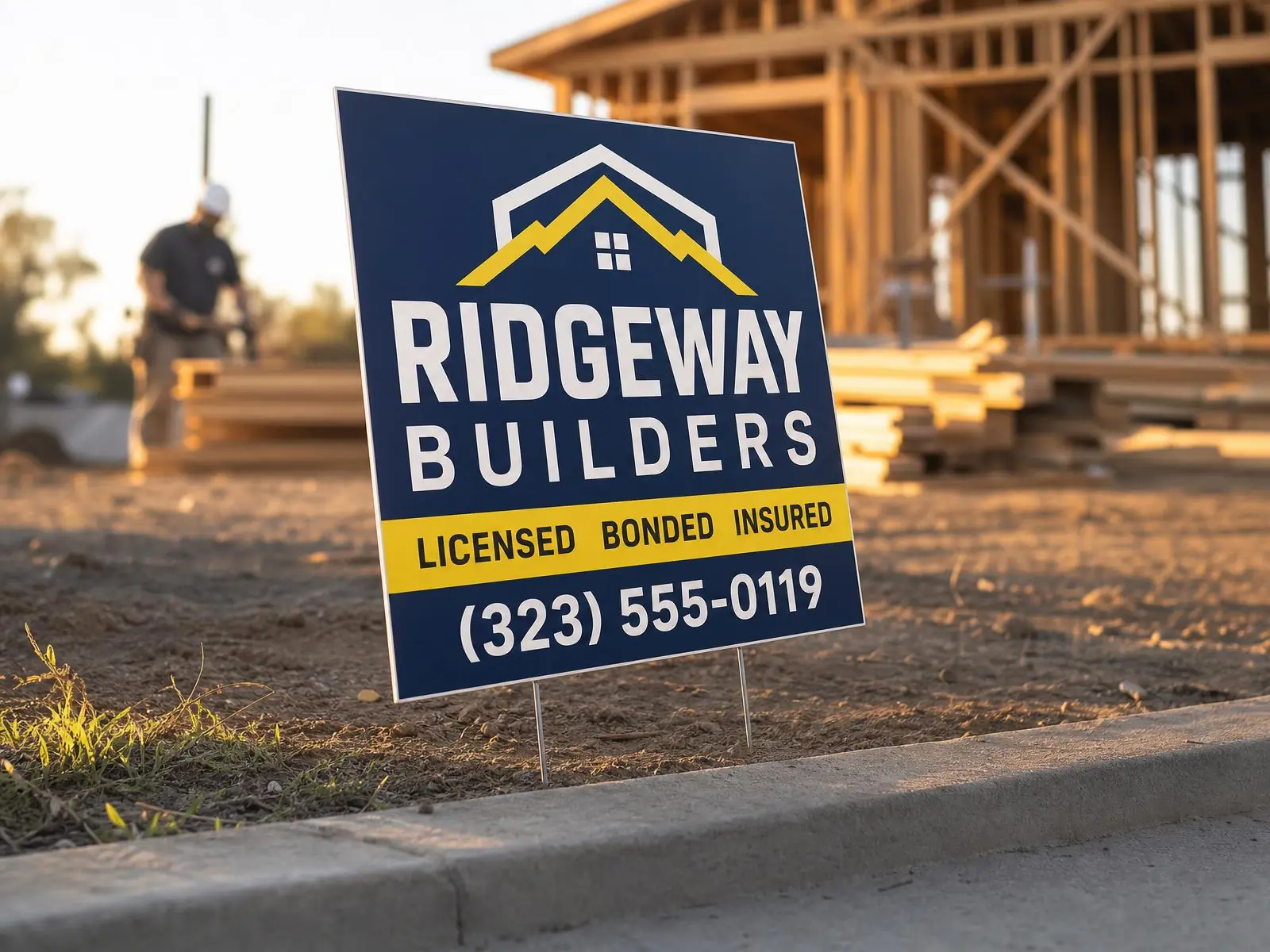 stack of blank coroplast sign panels and a bundle of galvanized h stakes on job site grass